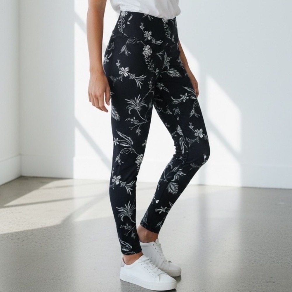Ideology Womens Black White Floral High Waisted Active Leggings Size M